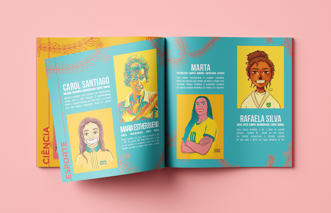 Mockup of a sticker album with illustrated portraits of empowered brazilian women in sports.