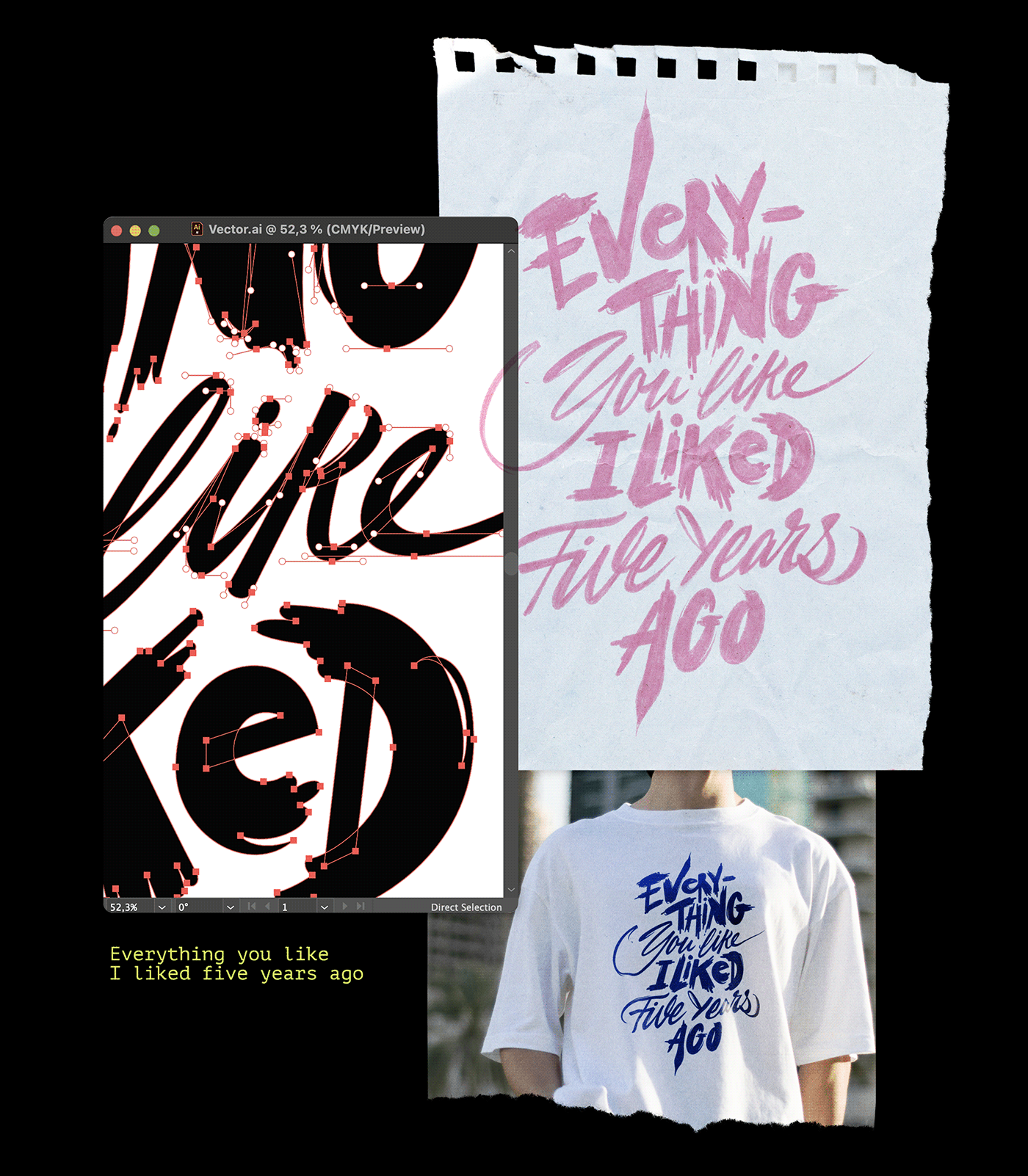Calligraphy and lettering t-shirt \ clothing print "Everything you like I liked five years ago"