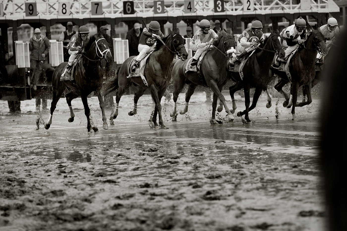 Kentucky Derby black & white reportage horses Horse racing jockeys Crown Royal Whisky diageo muddy gritty