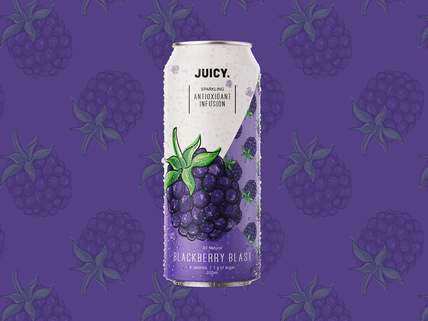 Blackberry illustration on label design for drink packaging by Juicy. Berry artwork on label. 