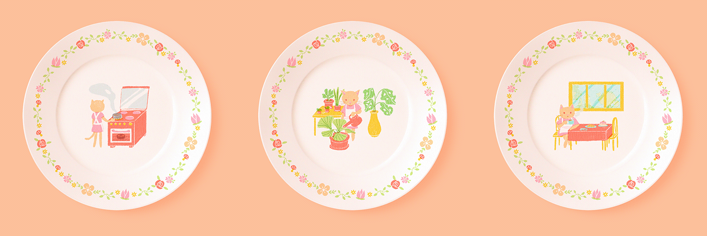Cat cute dinnerware floral ILLUSTRATION  kitchen pattern plate surface design tableware