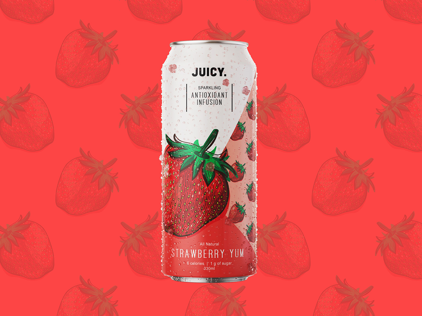 Refreshing summer drink with strawberry flavor. Packaging design with illustration and pattern. 