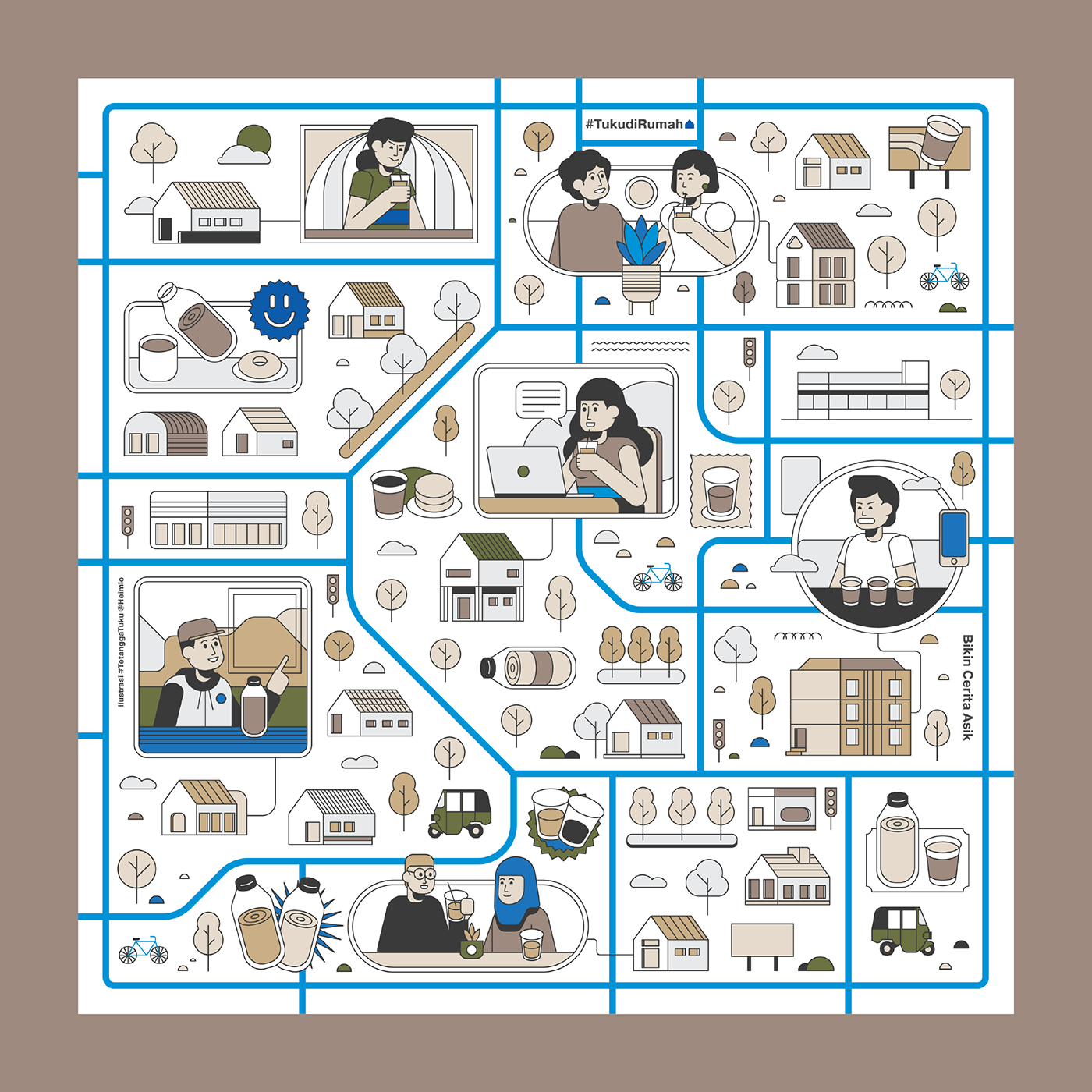 Bank blue Coffee indonesia infographic jakarta map minimal people vector