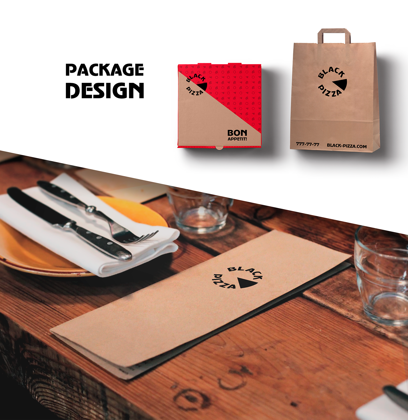 branding  Pizza cafe logo black concept pattern design box