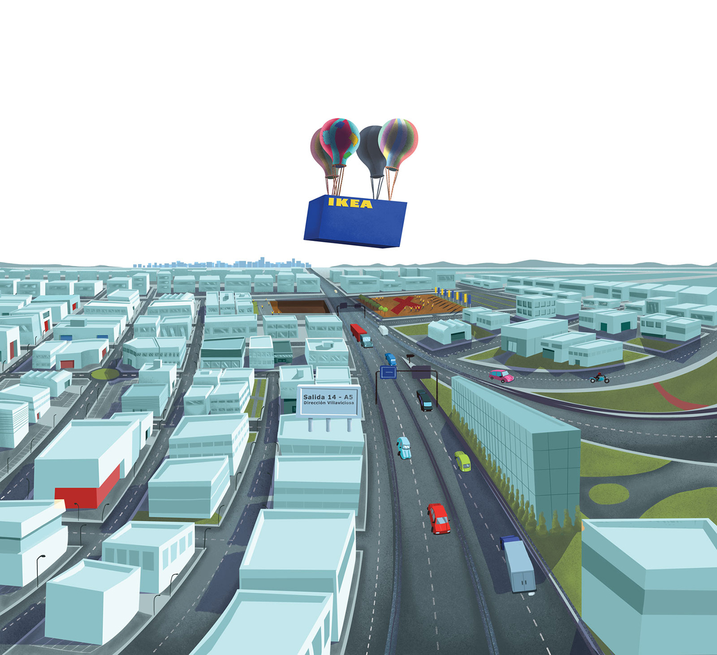 ikea building MOVING baloon Jet jump walking spring texture skyline city