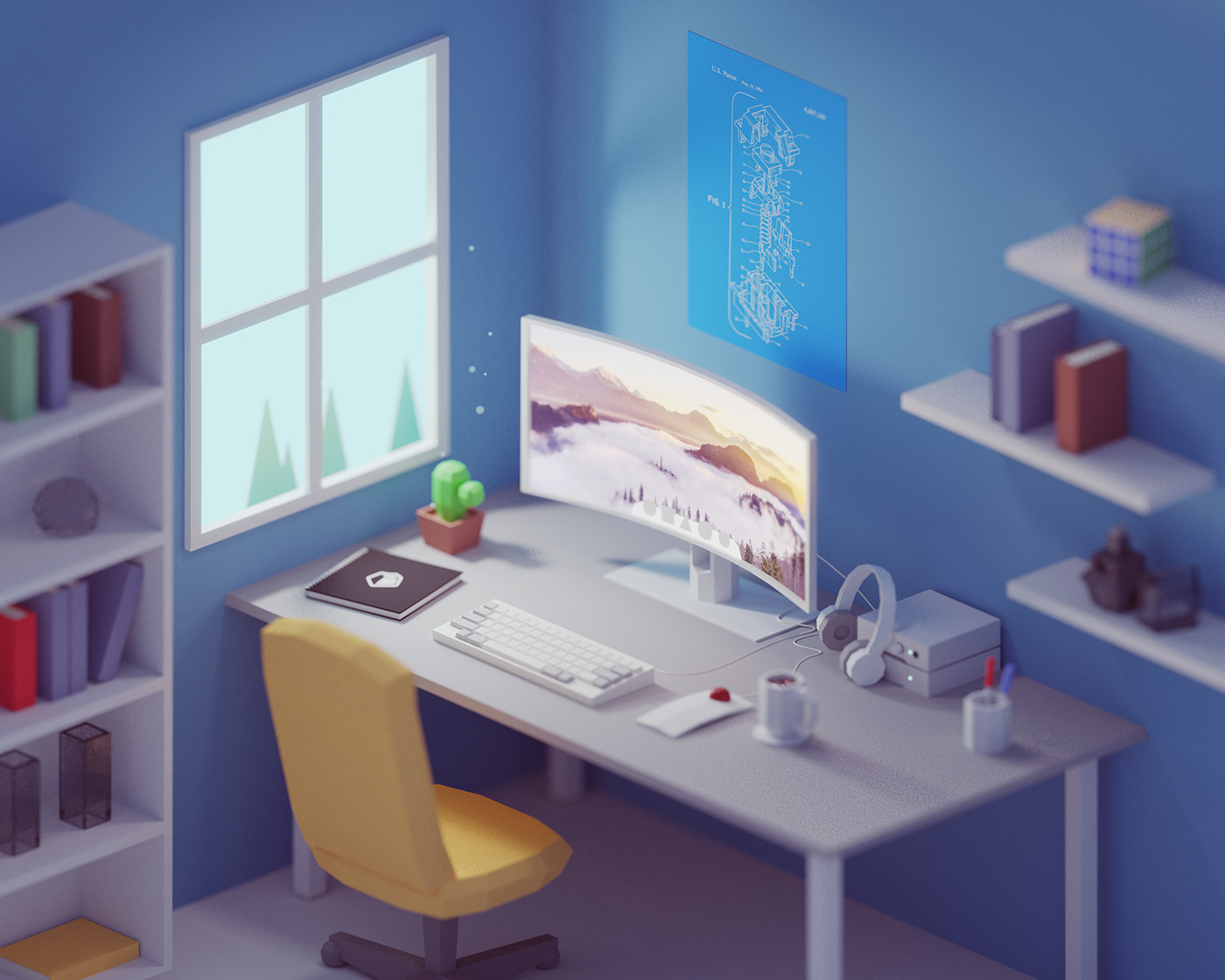 blender b3d Isometric poster Computer rig keyboard keyclack Low Poly