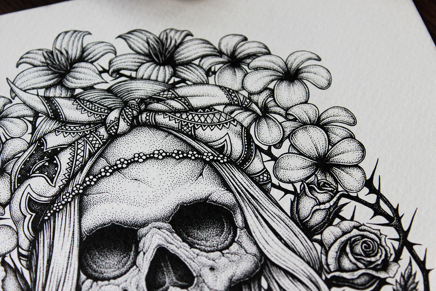 ink drawing ILLUSTRATION  skull punk dotwork Pointillism dark art Tshirt Design skeleton stippling
