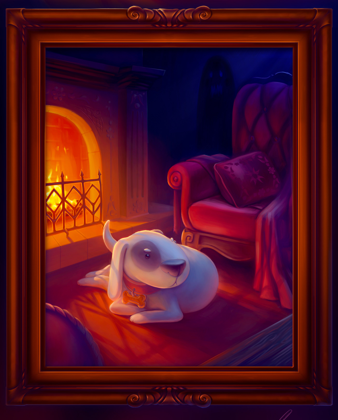 ILLUSTRATION  Digital Art  Drawing  digital illustration cosy fireplace helloween ghost casual dog