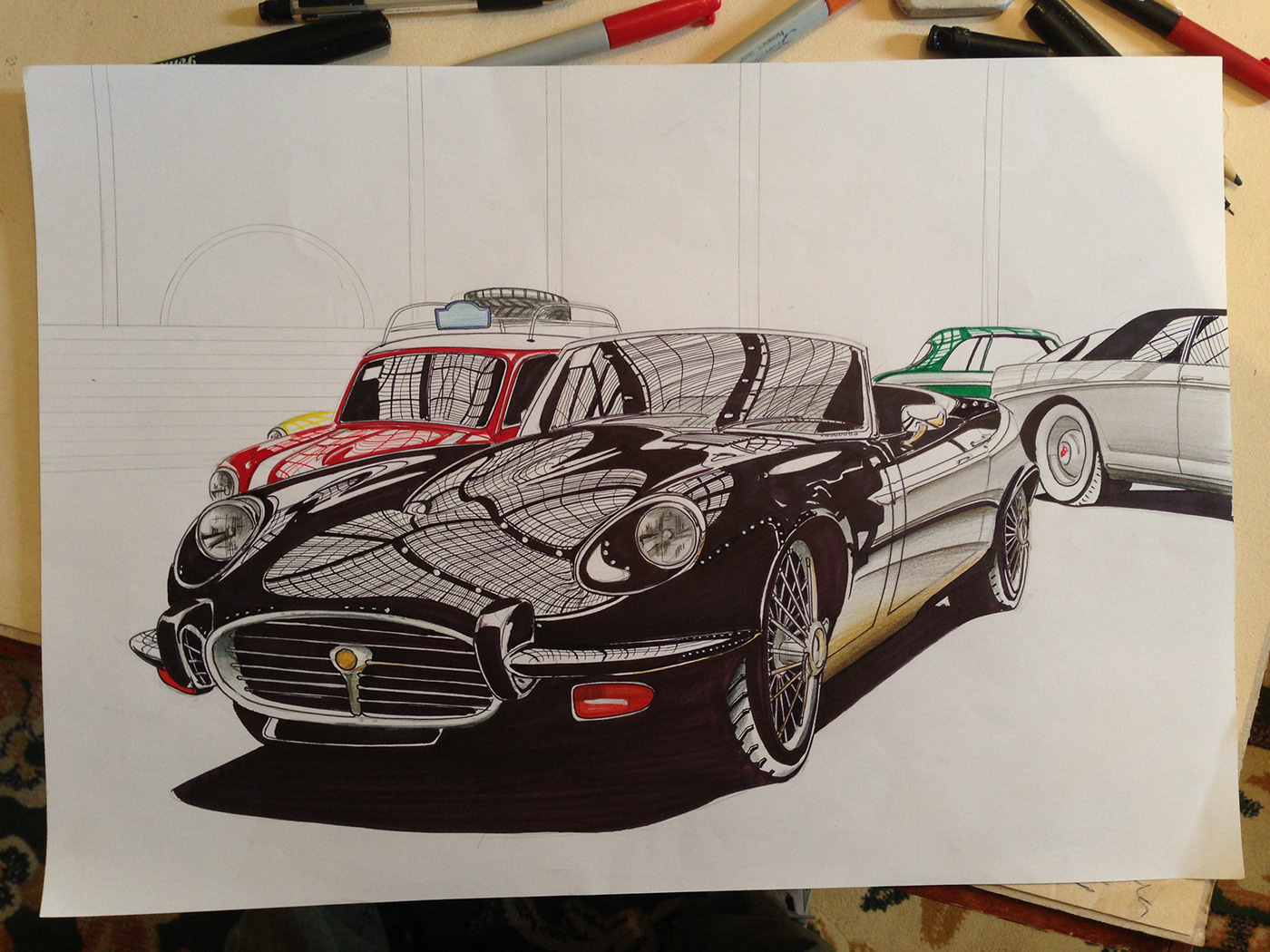 hand made drawing cars ILLUSTRATION  automotive   cars design jaguar Car Illustration pencils markers dst