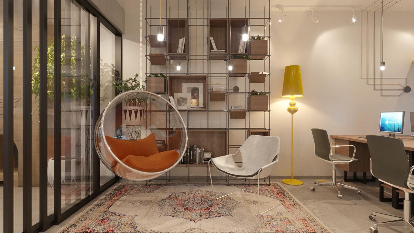 interiordesign architecture Office openspace yellow concrete armenianrugs moderninteriors 3dsmax corona