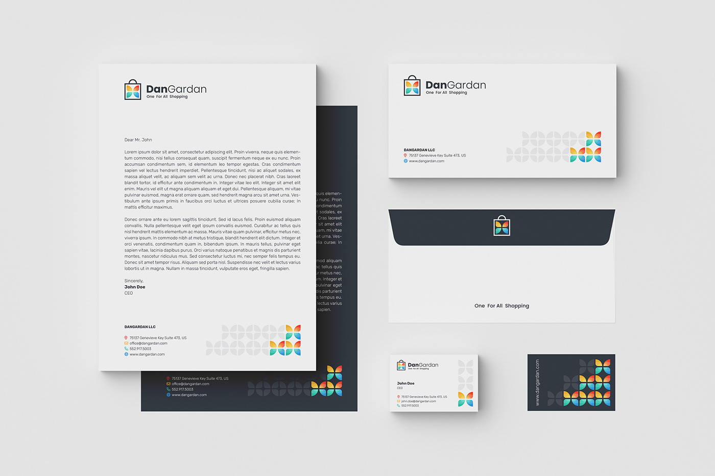 A4 Letterhead, DL Envelope, and 85x55 Business Card Mock-up on white background, top view.