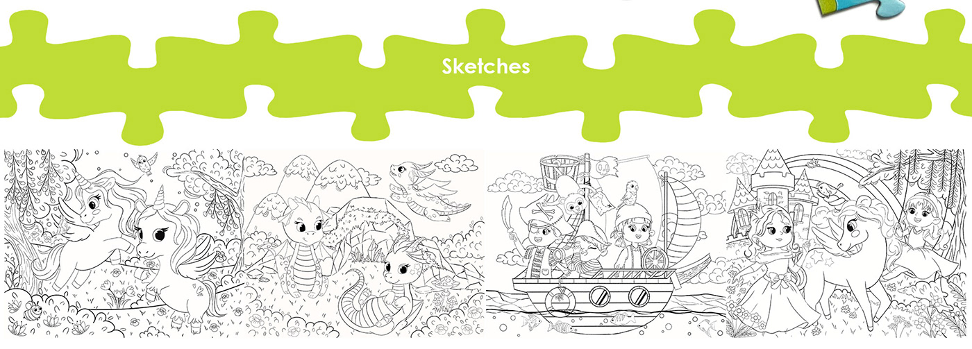 puzzles board game kids illustration unicorn princesses pirates dragon coloring book cartoon Character design 
