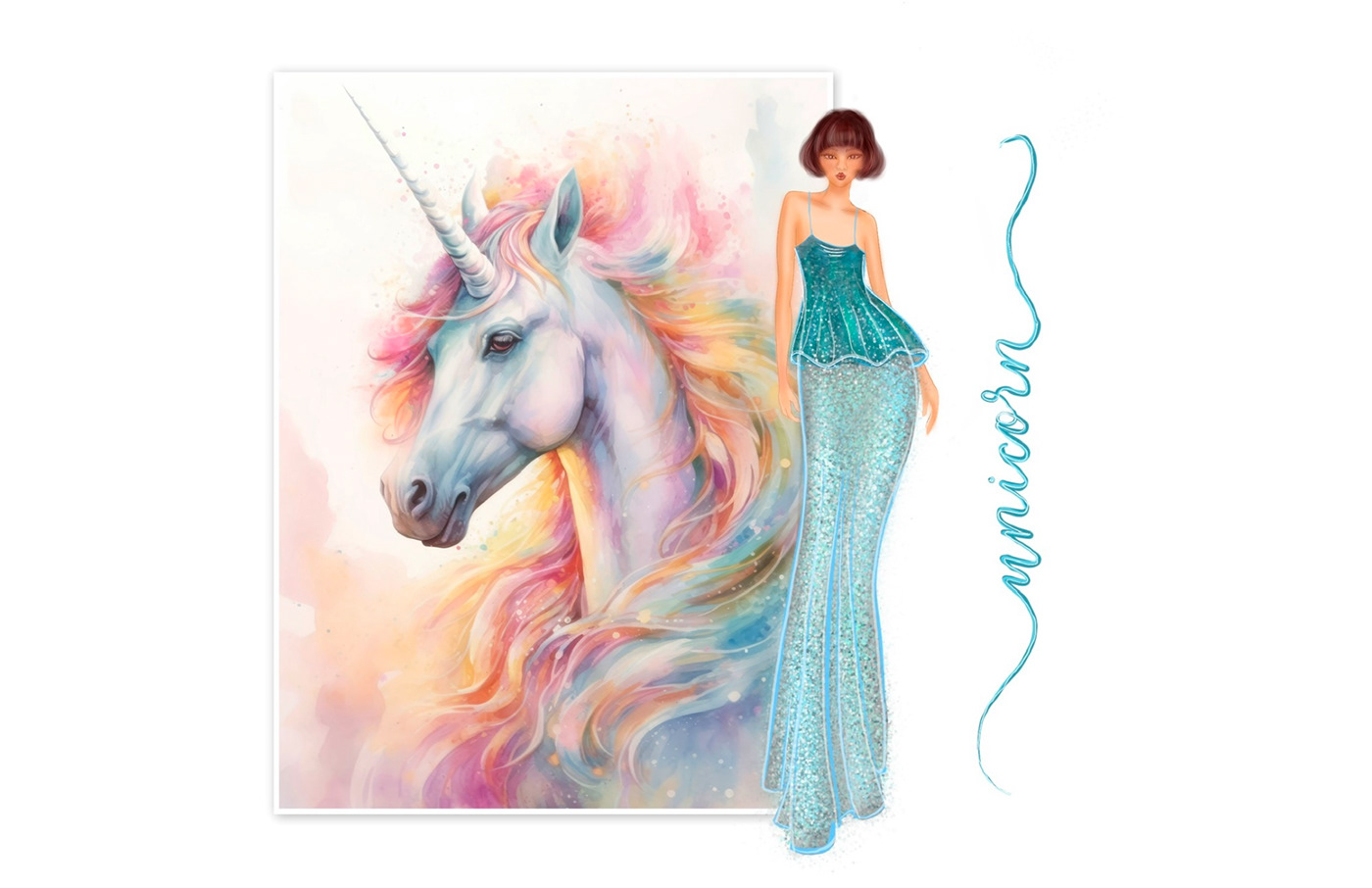 fashion design fashion illustration unicorn sequins evening gown chiffon silk ethereal style laser organza rainbow laser sling style