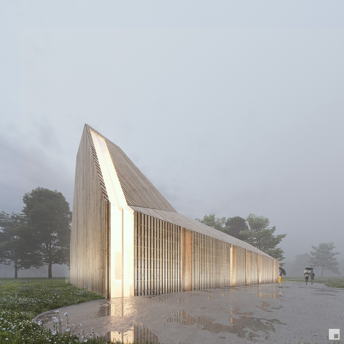 Architectural Visualisation rendering virtual photography mood rain meadow chapel contemporary small footprint