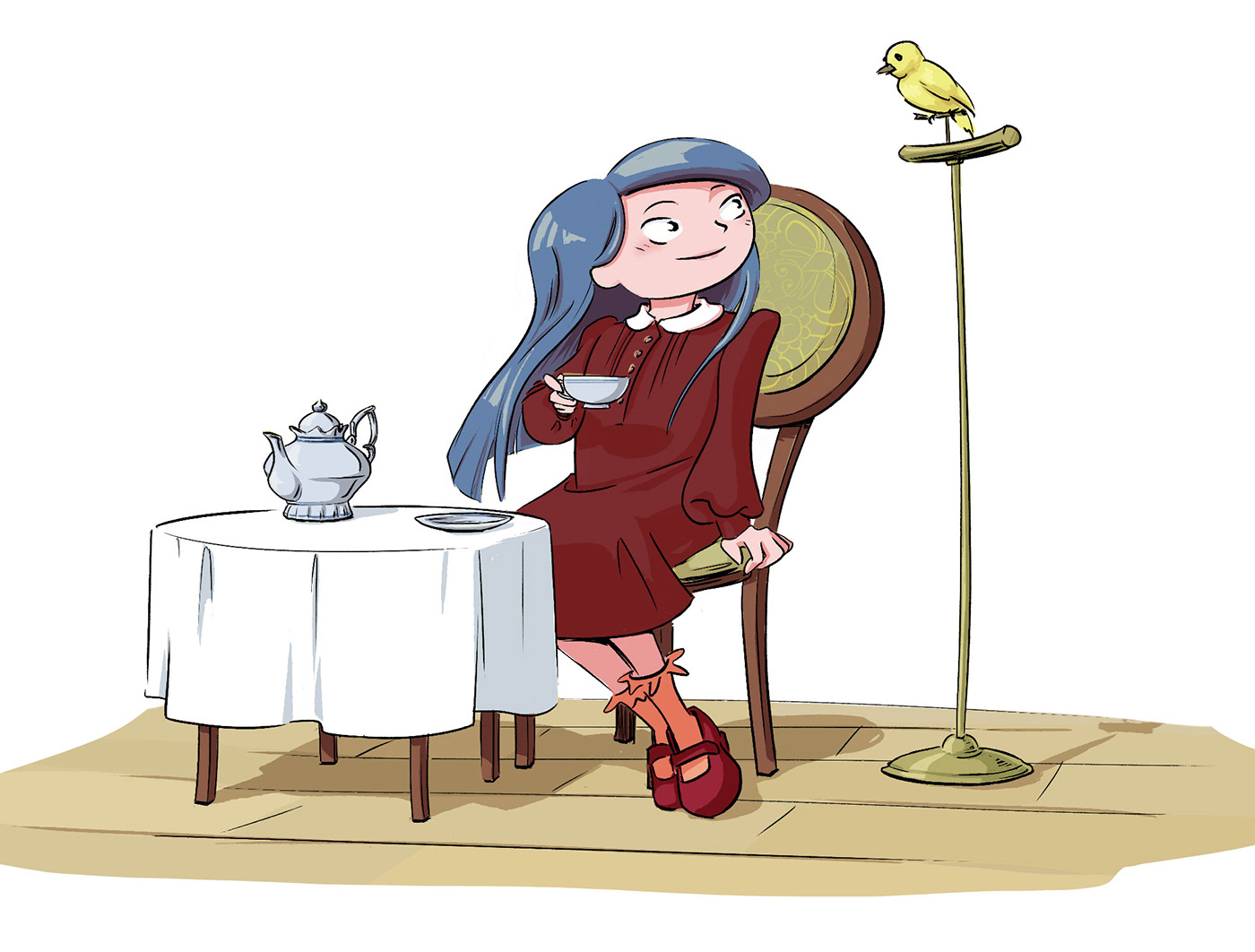 Girl with a bird. Tea party.