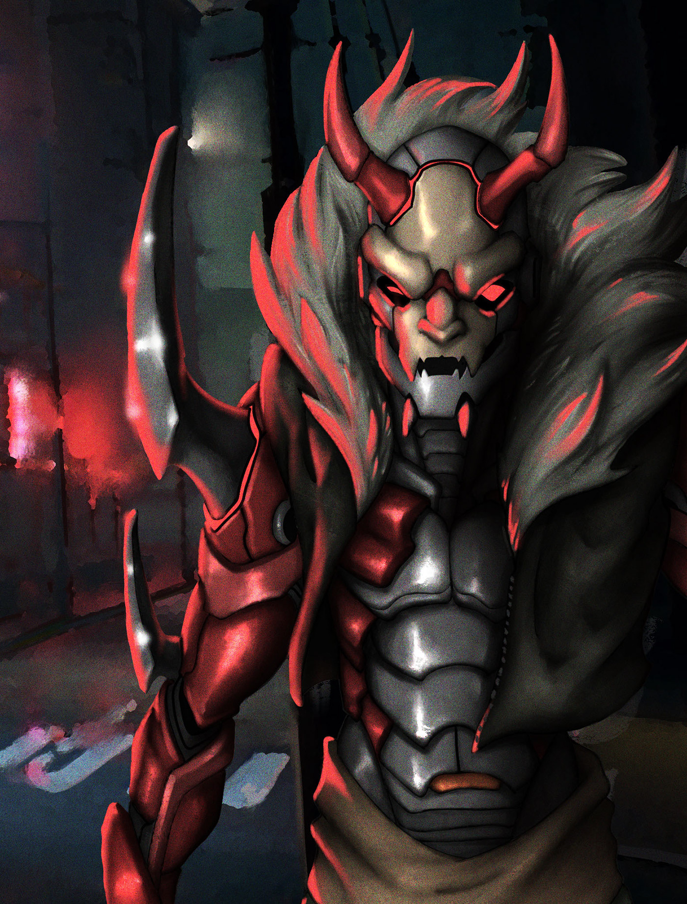 Armor character art Cyber-Demon Cyber-Oni Cyberpunk digital 2d exoskeleton ILLUSTRATION  oni sci-fi