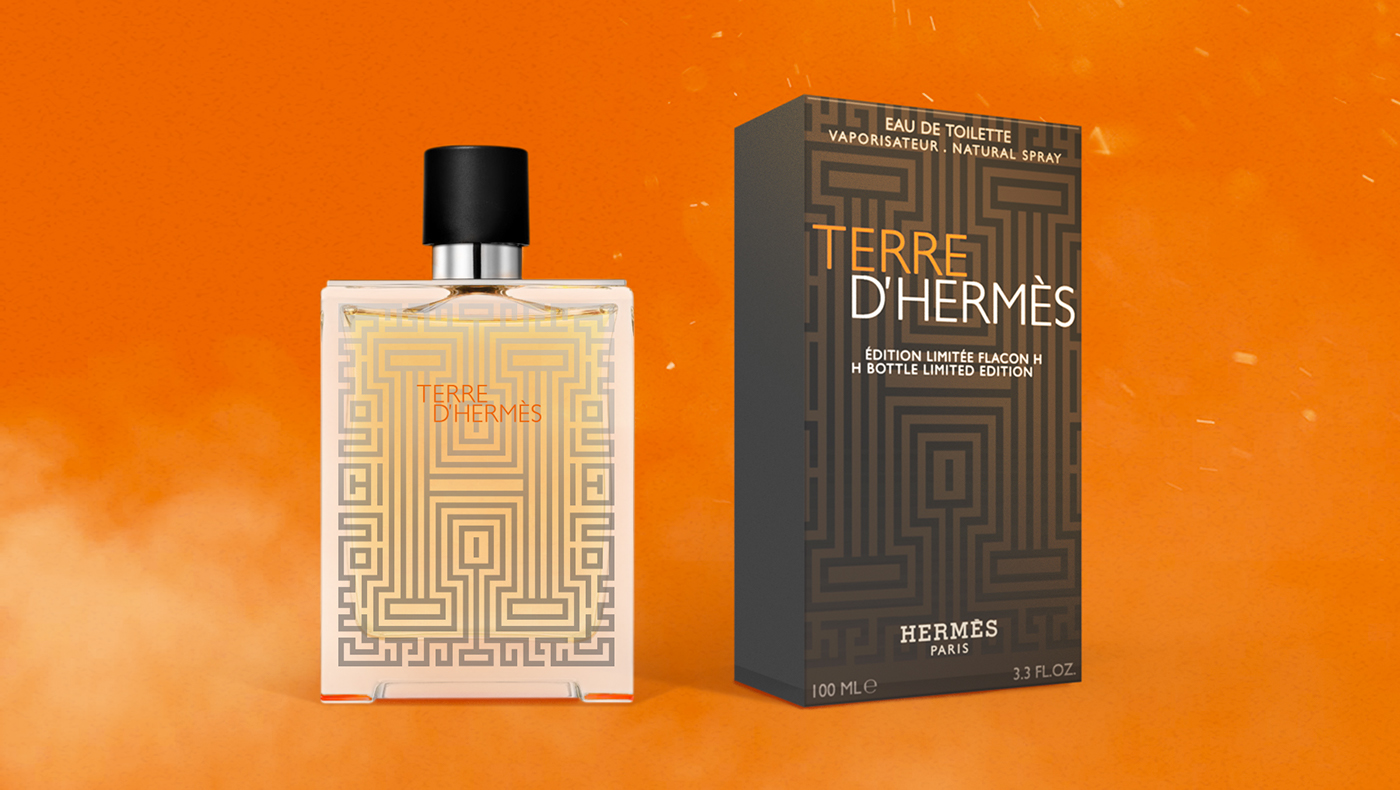 hermes Packaging warm perfume maze geometric orange dust mock-up luxury