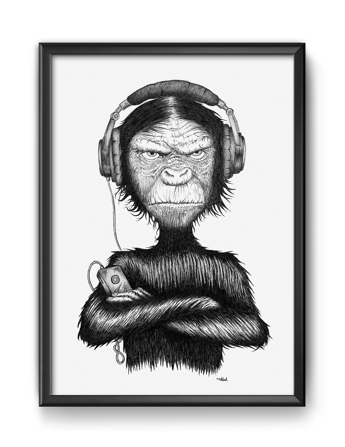 monkey Mono Drawing  oldschool badass music animal headphones