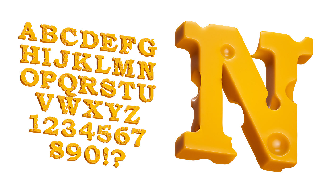 handmadefont Octane Render Cheese bones LEGO stone lettering yellowimages type font