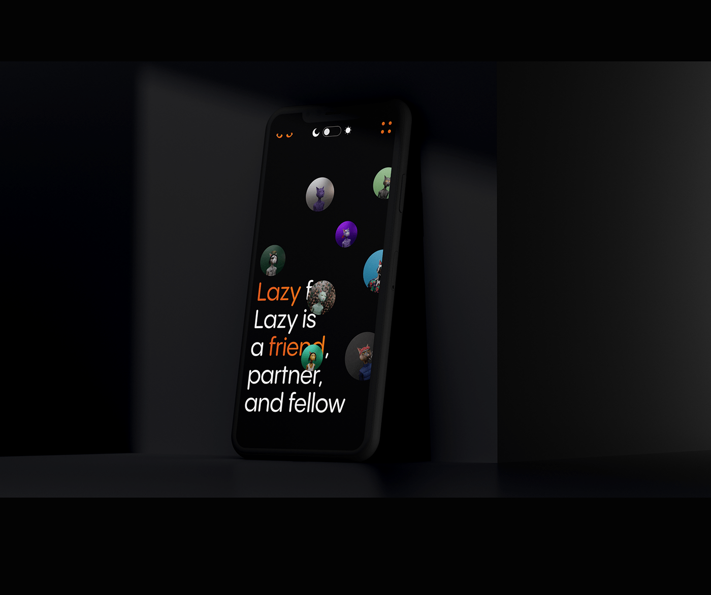 Cinema4D render mobile screen Lazy Crypto Cats website.