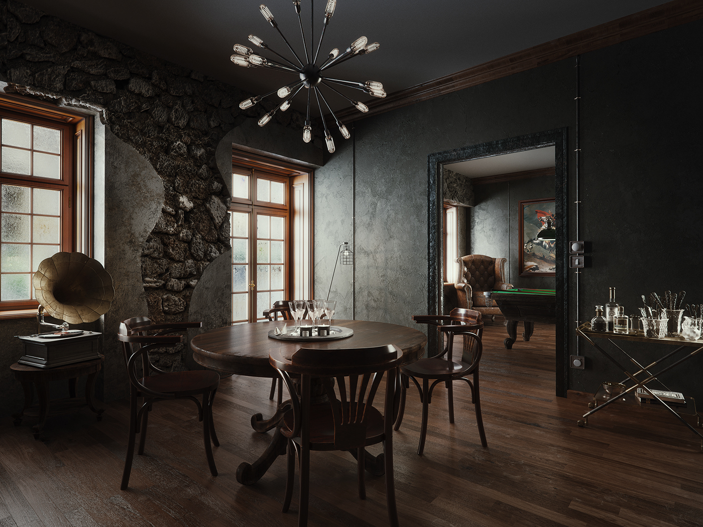 visualization vfx Interior design photorealistic vintage architecture texturing wood commercial