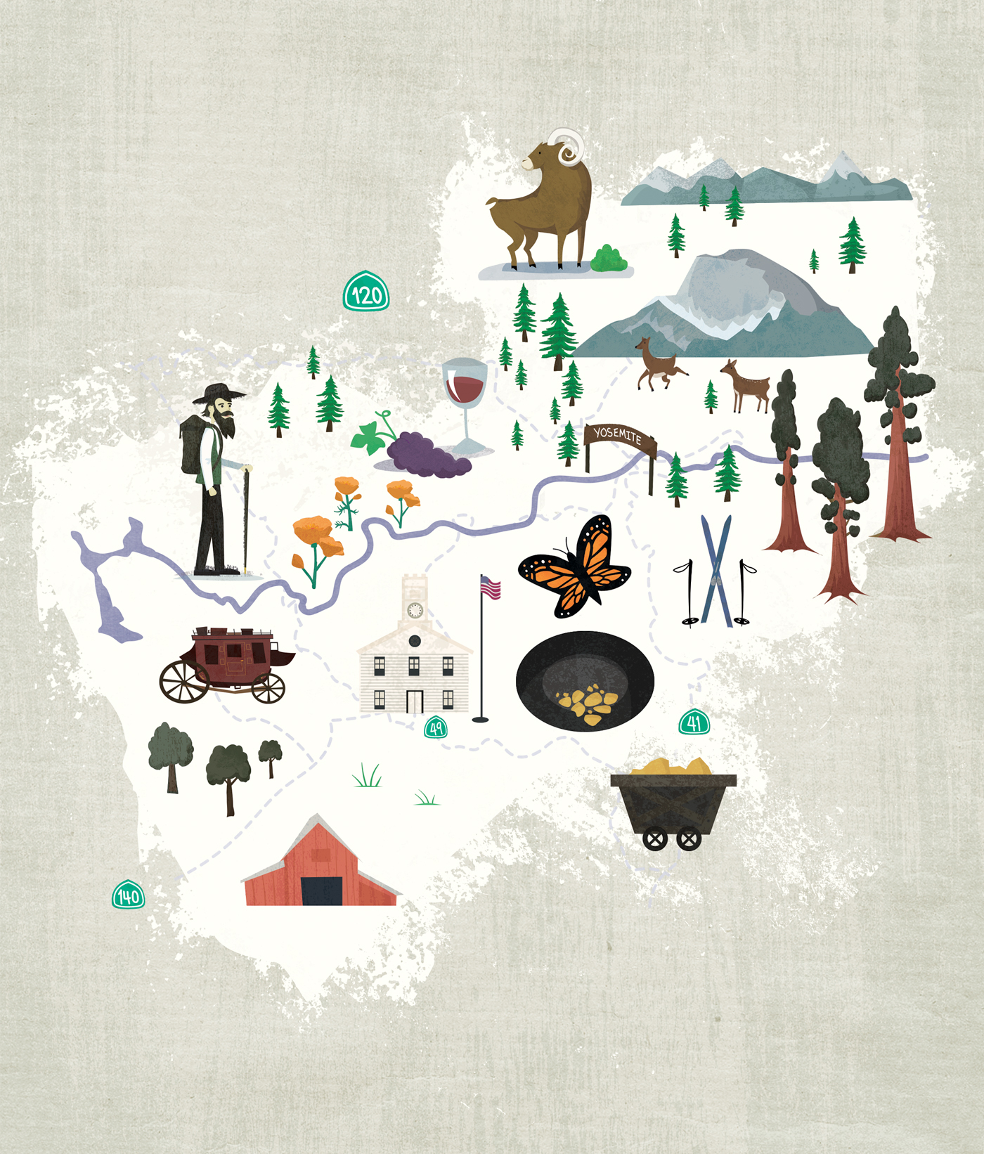 character vector deer mountains miner wagon map map illustration