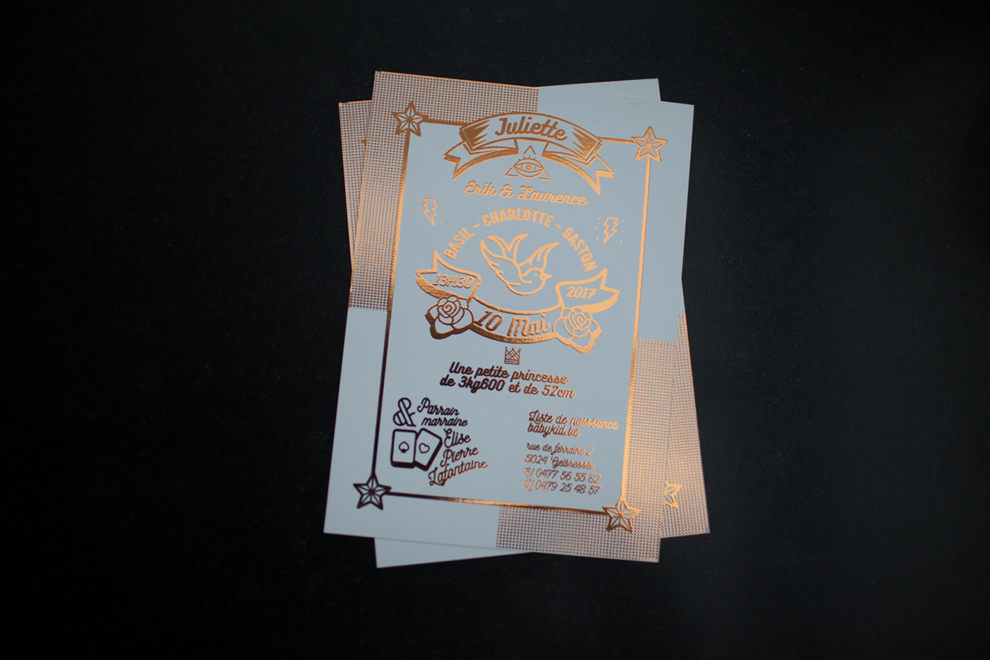 birth annoucement gold GoldFoil letterpress print paper tattoo baby kids