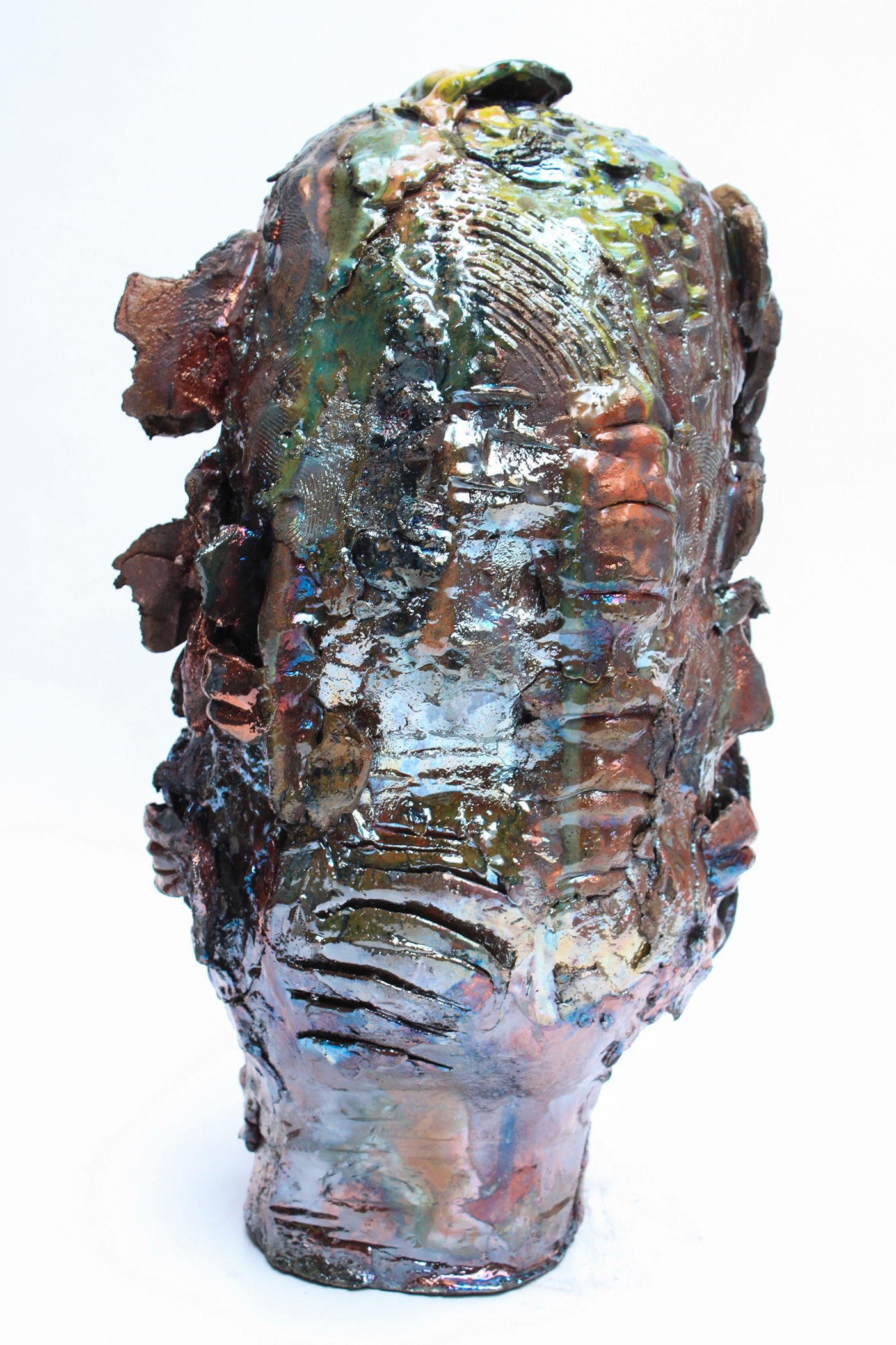 ceramic Raku glaze sculpture severed head multiple eyes uncanny hand built stoneware