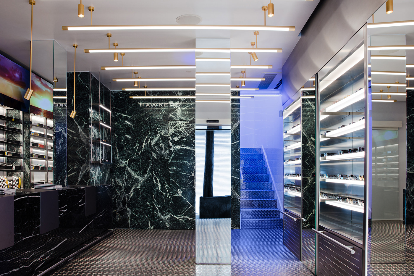 Retail interior design  store Sunglasses tech luxury Marble neon shop