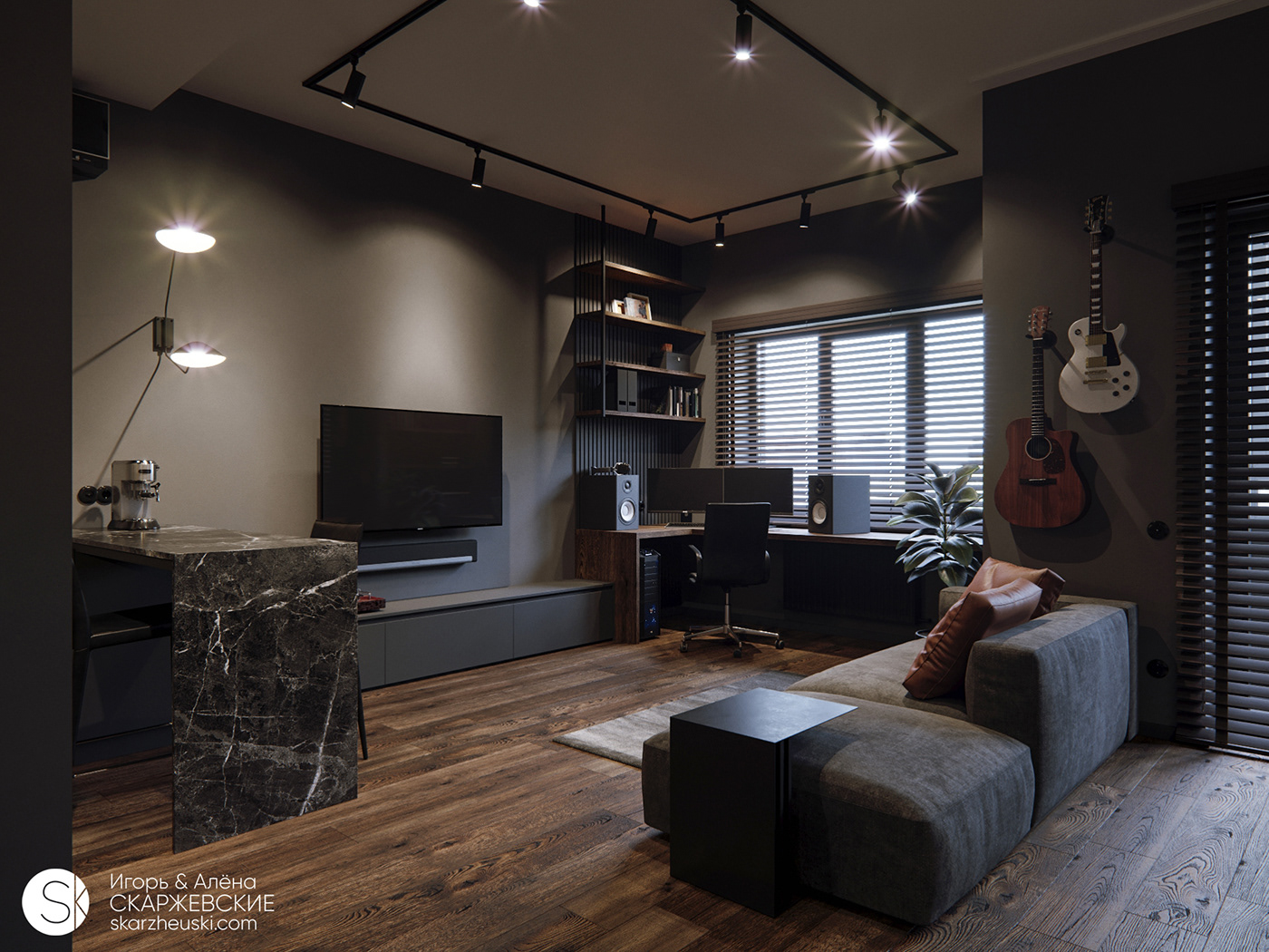 Interior design dark apartment flat coronarenderer corona Minimalism 3ds max visualisation