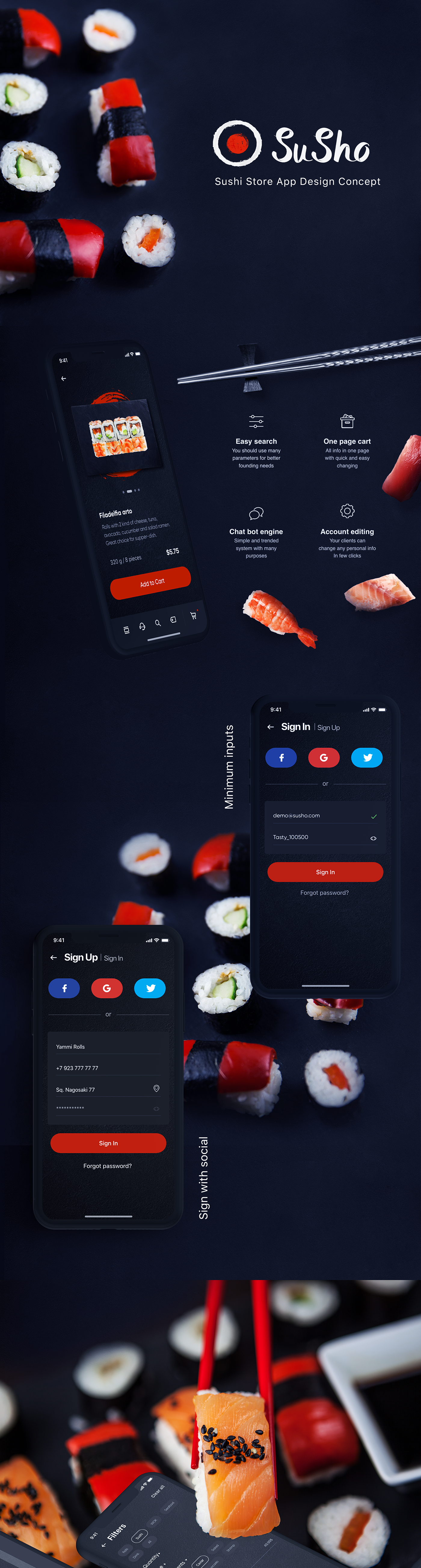 Sushi shop app design rolls culture minimum function application red