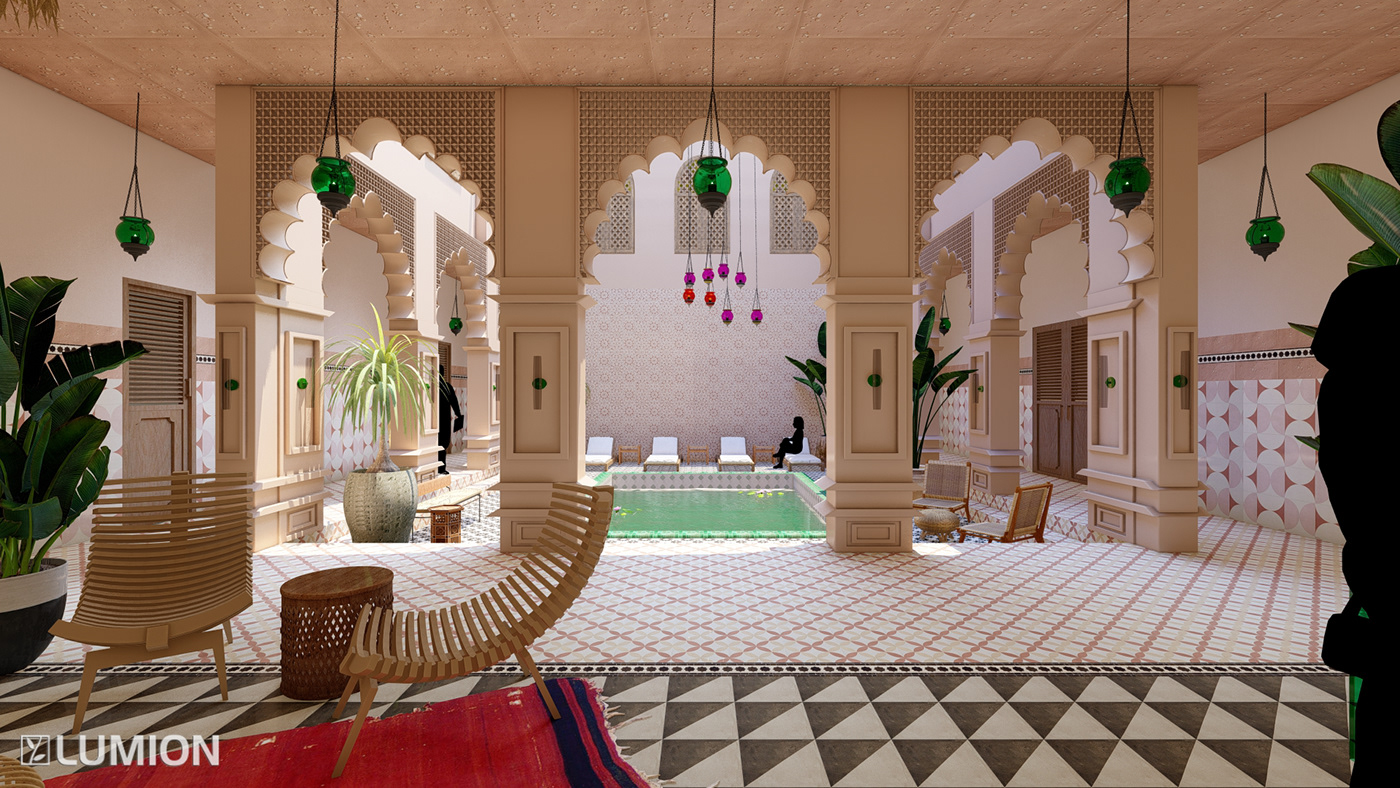 hotel Morocco Moroccan arabic tasarım design interior design  architecture Render ICM