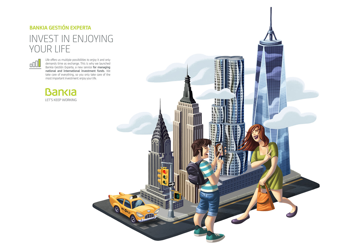 Printed campaign and exterior graphics for Bankia Bank on their new investment funds program
