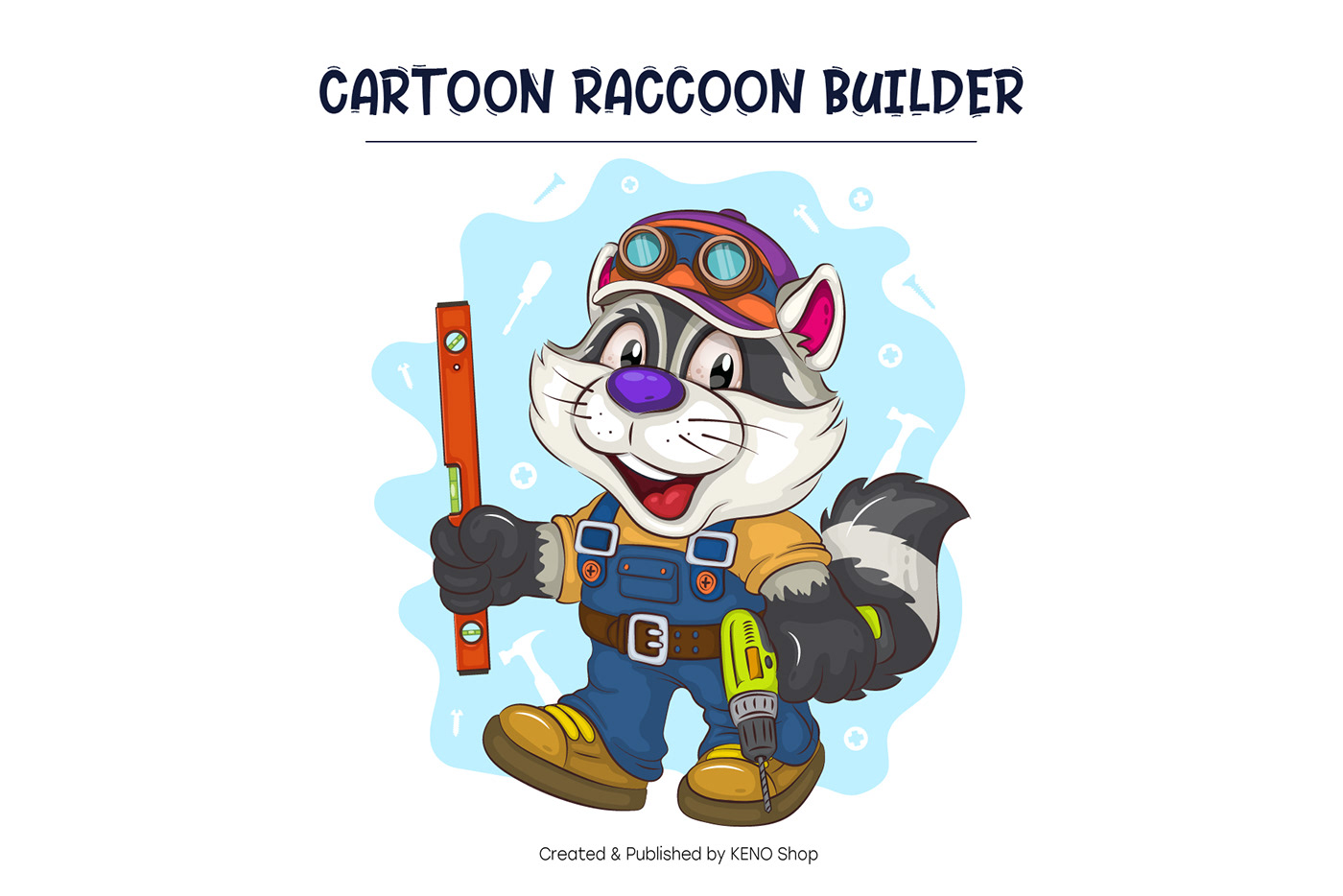 Cartoon raccoon builder. Raccoon with an electric screwdriver and a building level in his hands.