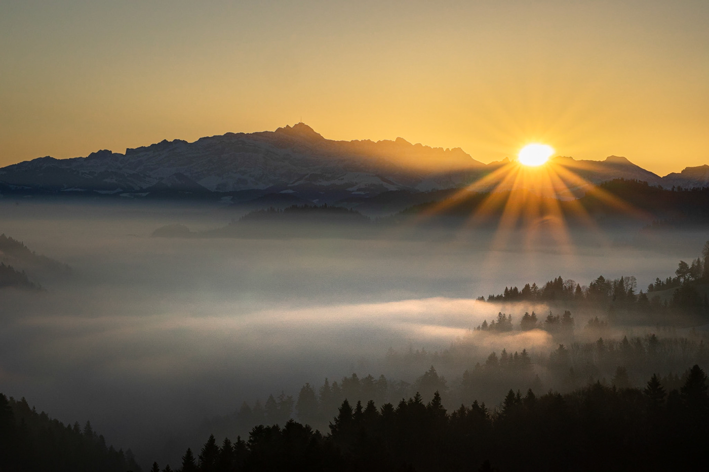 Alpstein Fall fog line Sea of Fog Sunrise swiss alps Switzerland Toesstal winter Zuercher Oberland