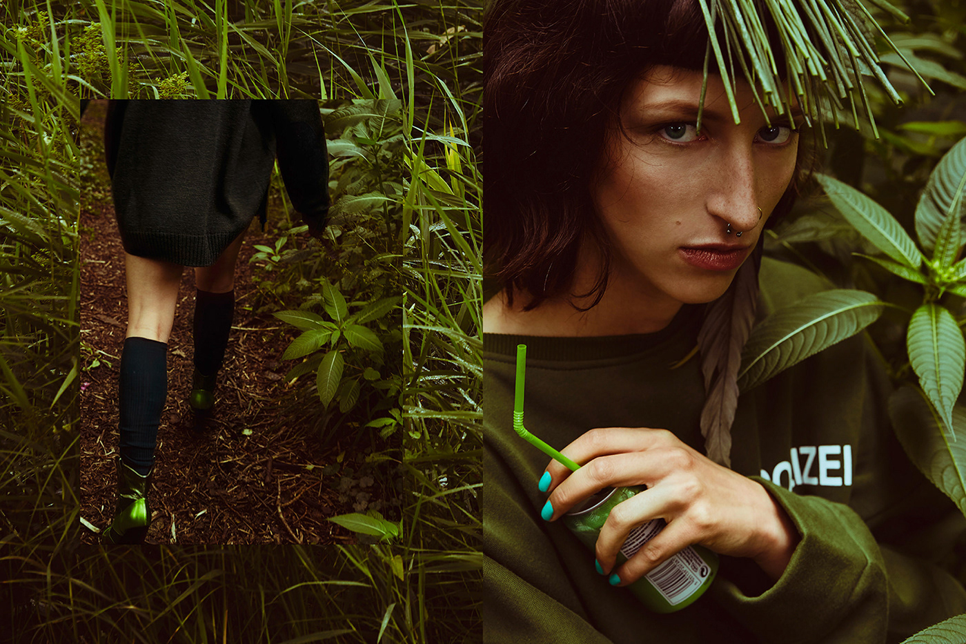 green styling  hair and make-up Outdoor editorial art model shooting Fashion  location