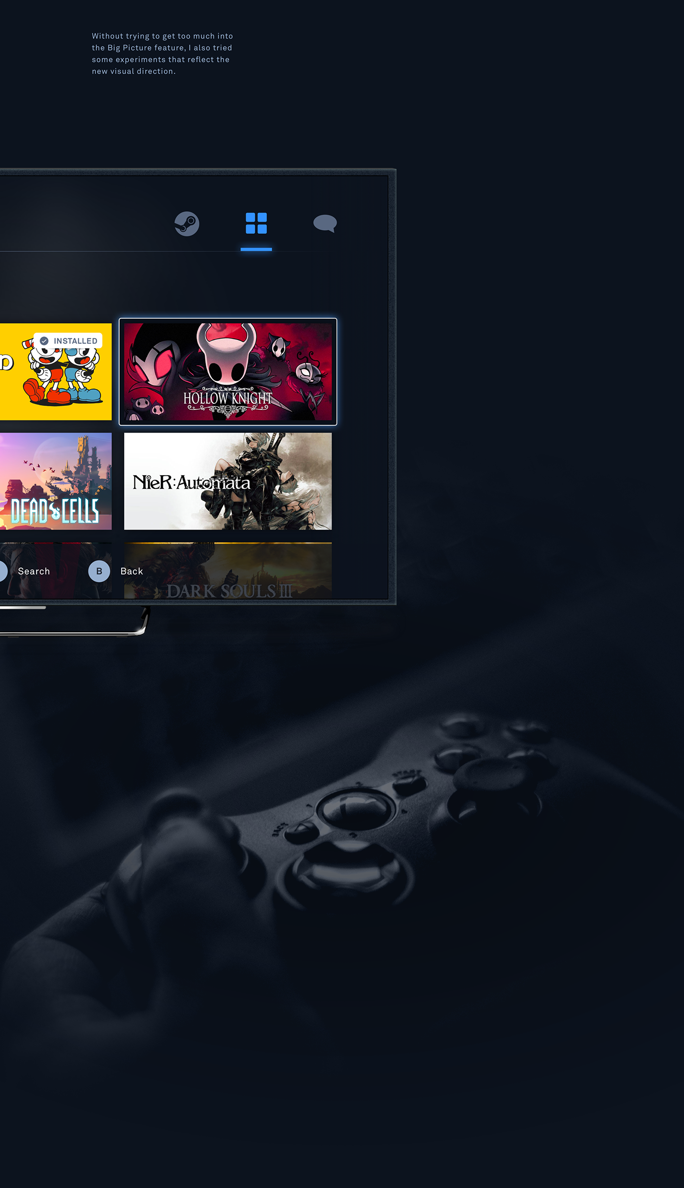 UI ux Videogames Steam Gaming blue android ios tv