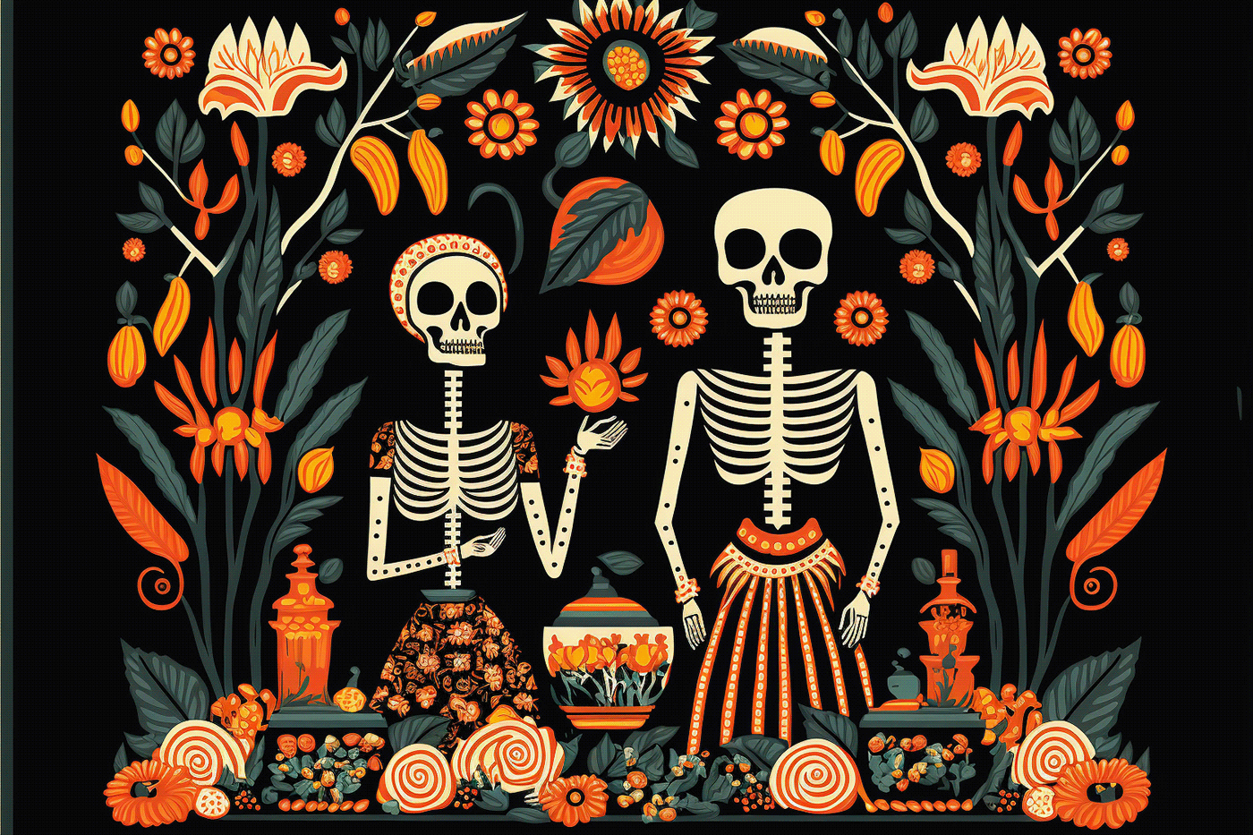 danish day of the dead dia de los muertos floral Flowers mod modern skeletons