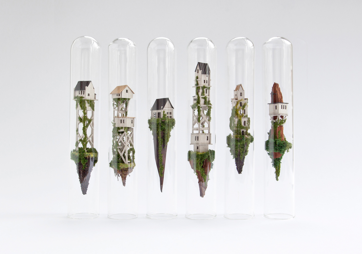 Miniature glass test tube small world houses watertower Stilts