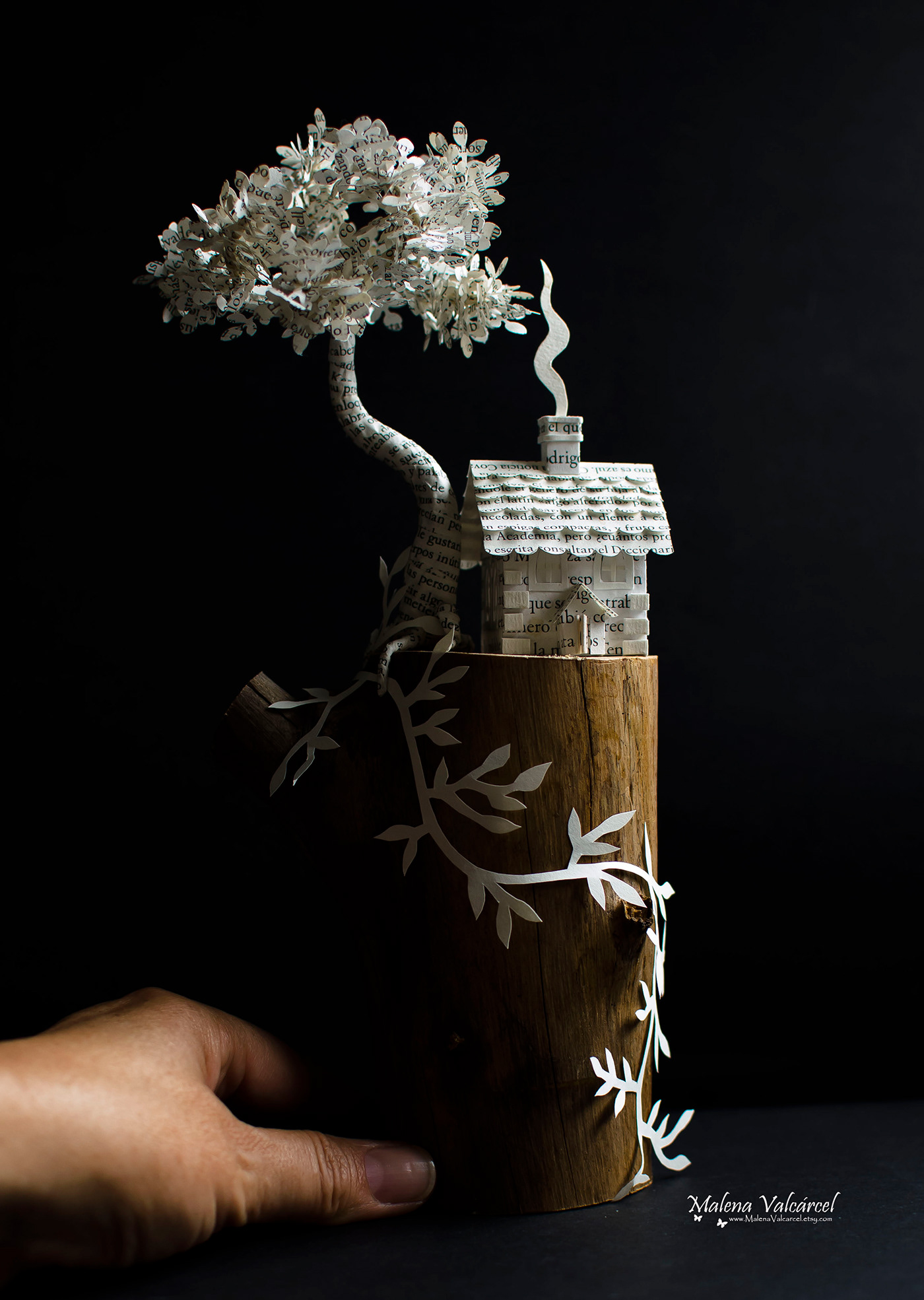 paperart mixedmedia sculpture miniatures bookarts papertree PaperHouse vine home wood