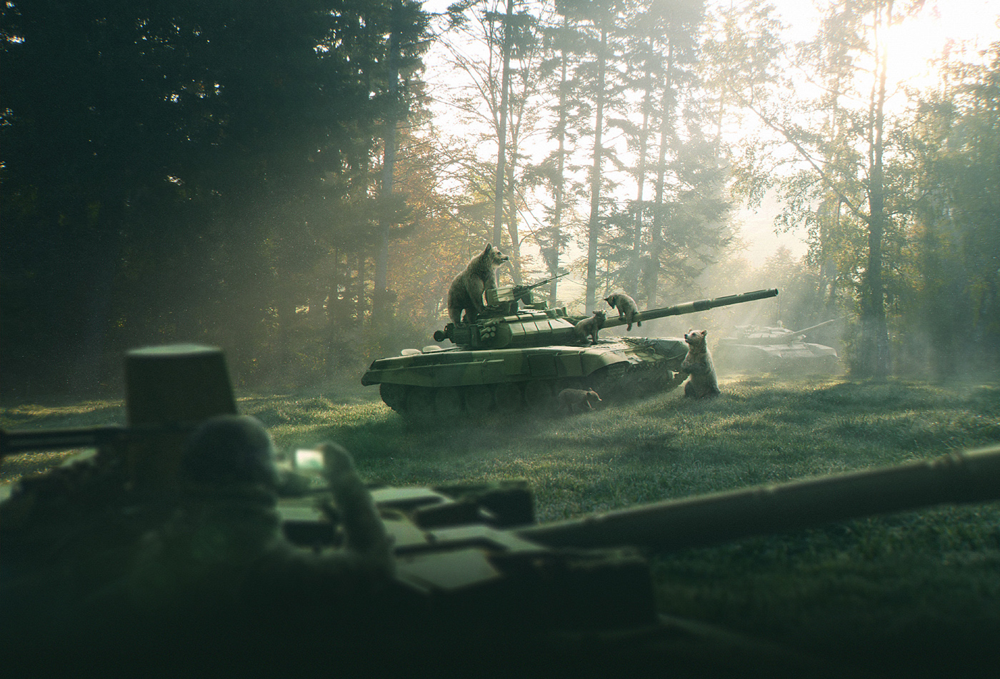 shishkin MORNING fog Tank vavs War bear forest grass t90 ukraine Russia soldier Matte-painting photomanipulation