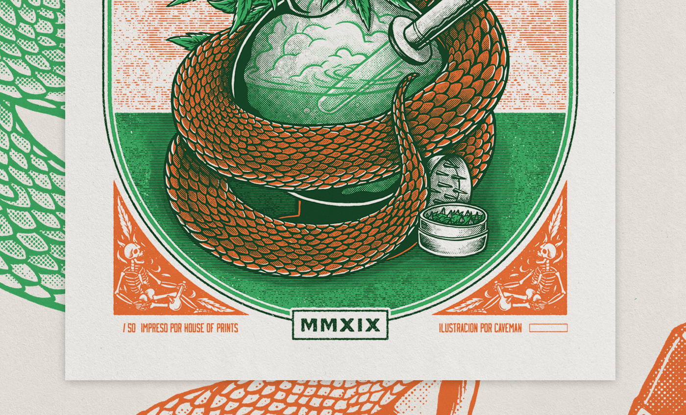 rattlesnake cobra poison cannabis bourbon Whiskey bong poster screenprint serigrafia