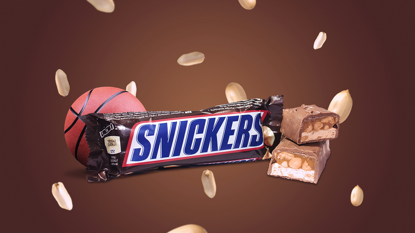 Advertising  banner basketball chocolate manipulation Snickers social media ads