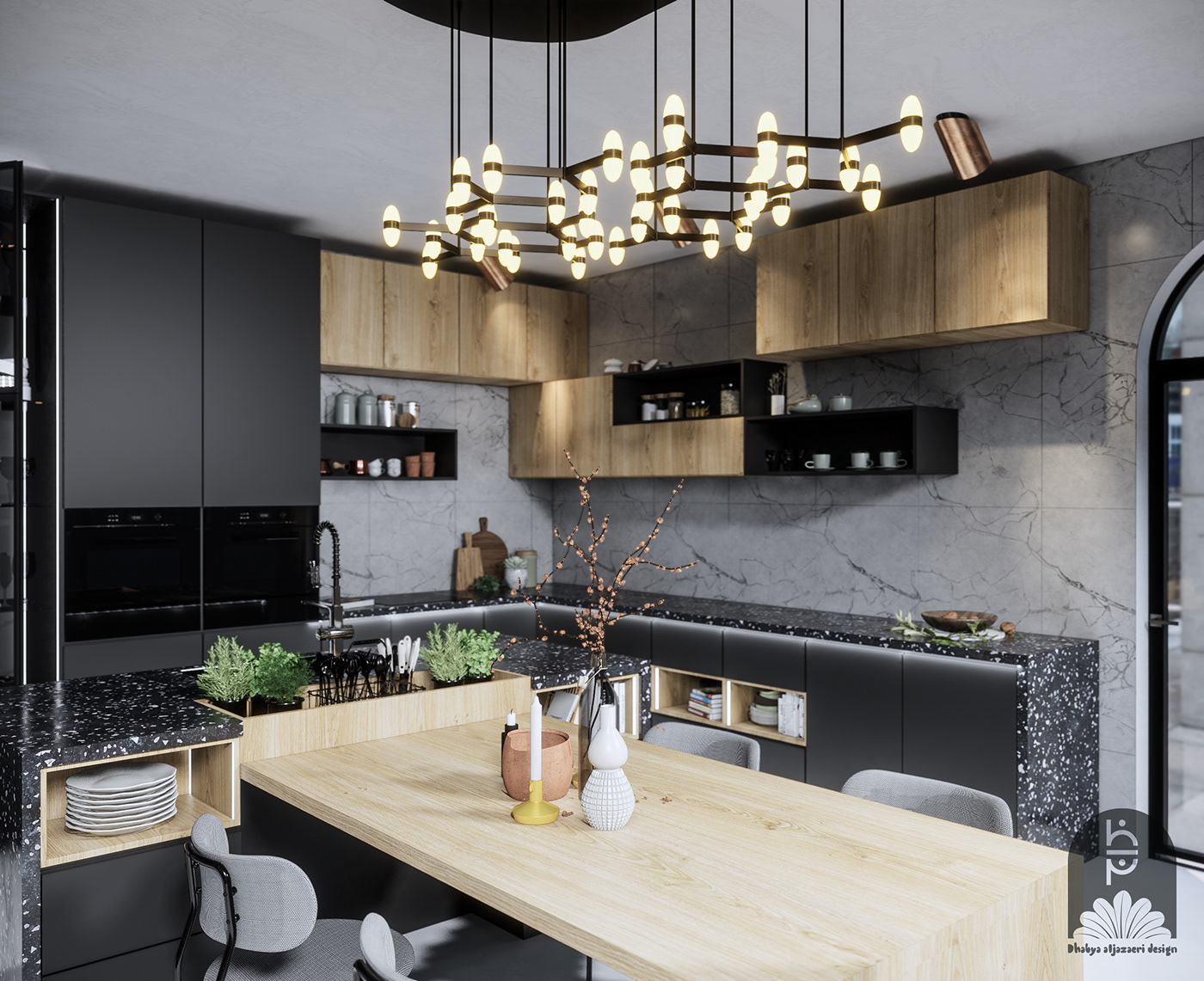 kitchen kitchen design interior design  visualization Render CGI iraq greyscale wood modern
