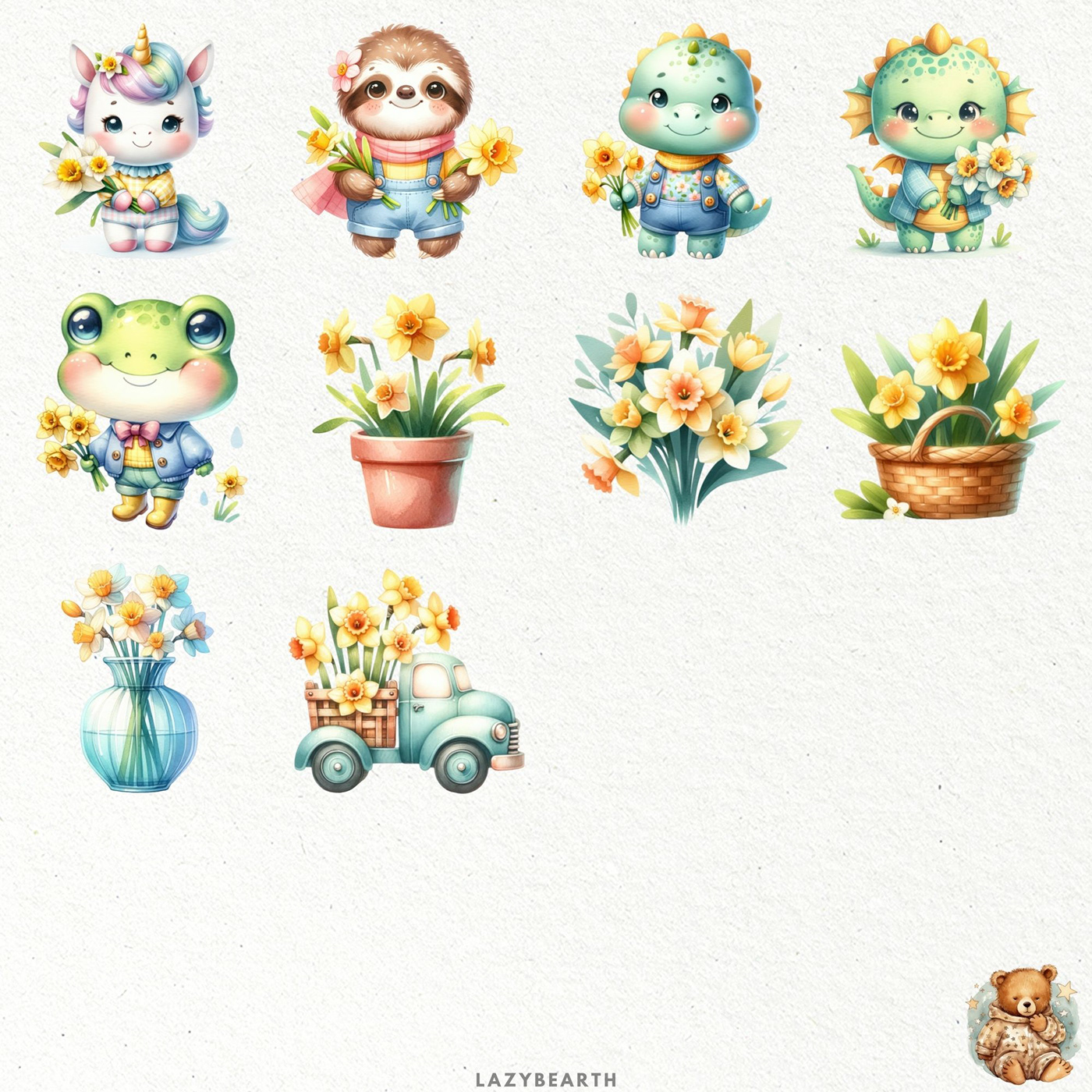 animal clipart flower clipart floral clipart watercolor flowers Watercolor clipart Daffodil Animal daffodil clipart