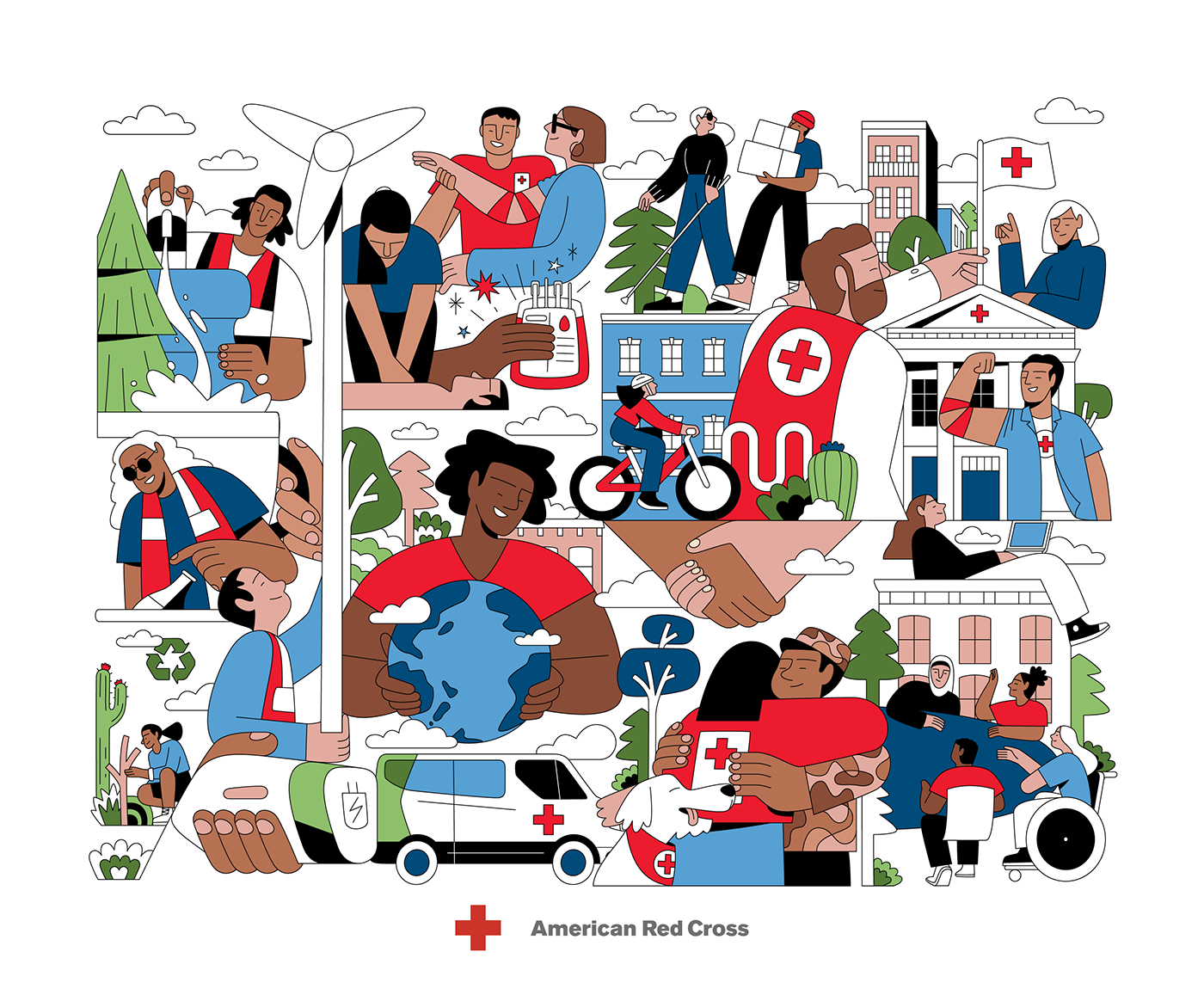 Sustainability ESG environment Mural Character design  Red Cross branding  adobe illustrator marketing   ILLUSTRATION 