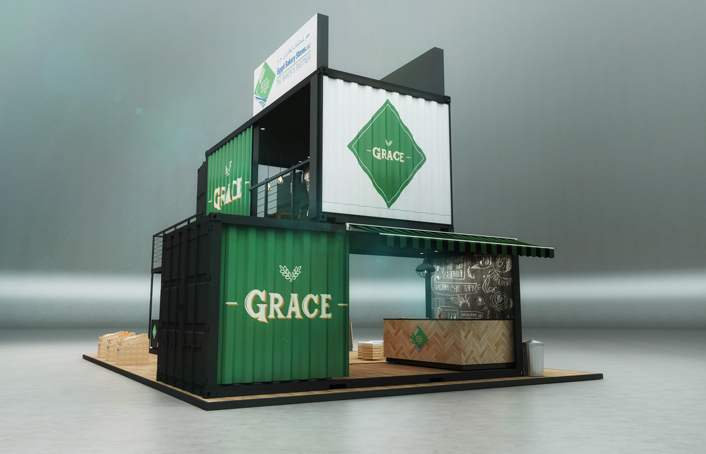 Exhibition  bakery Double Deck container wood black Show case grace Food  crates