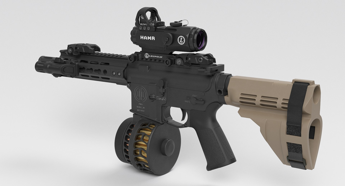 AR pistol with flashlight, HAMR dual optic, drum mag, and HK-style stock. 