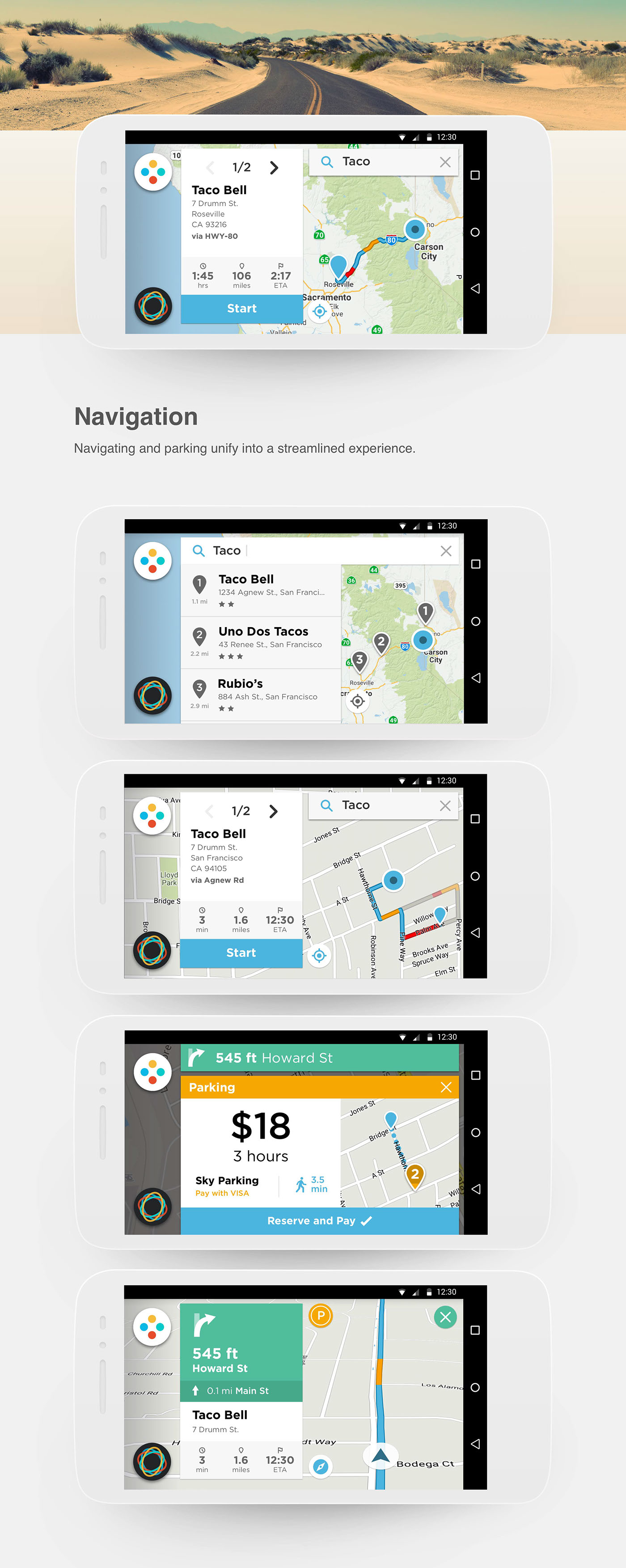concept material design android mobile Auto automotive   navigation parking voice messaging phone