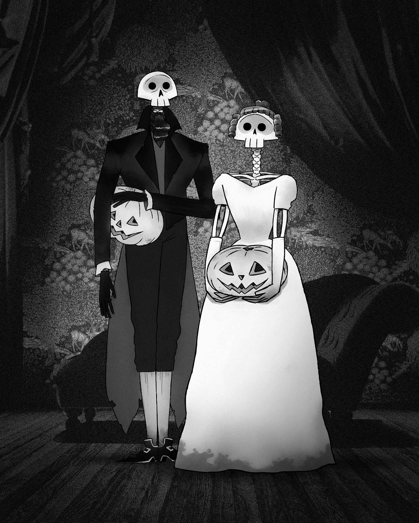 Halloween skeleton black and white historical pumpkin